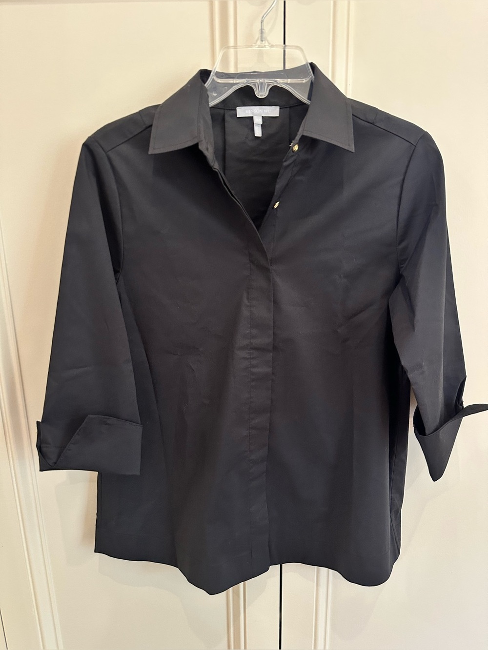 Classic Black Button-Down Shirt with 3/4 Sleeves